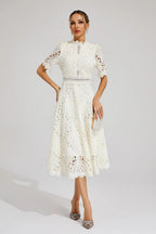 Midi Dress Women | Broderie Lace High Neck & A-Line Occasion Design