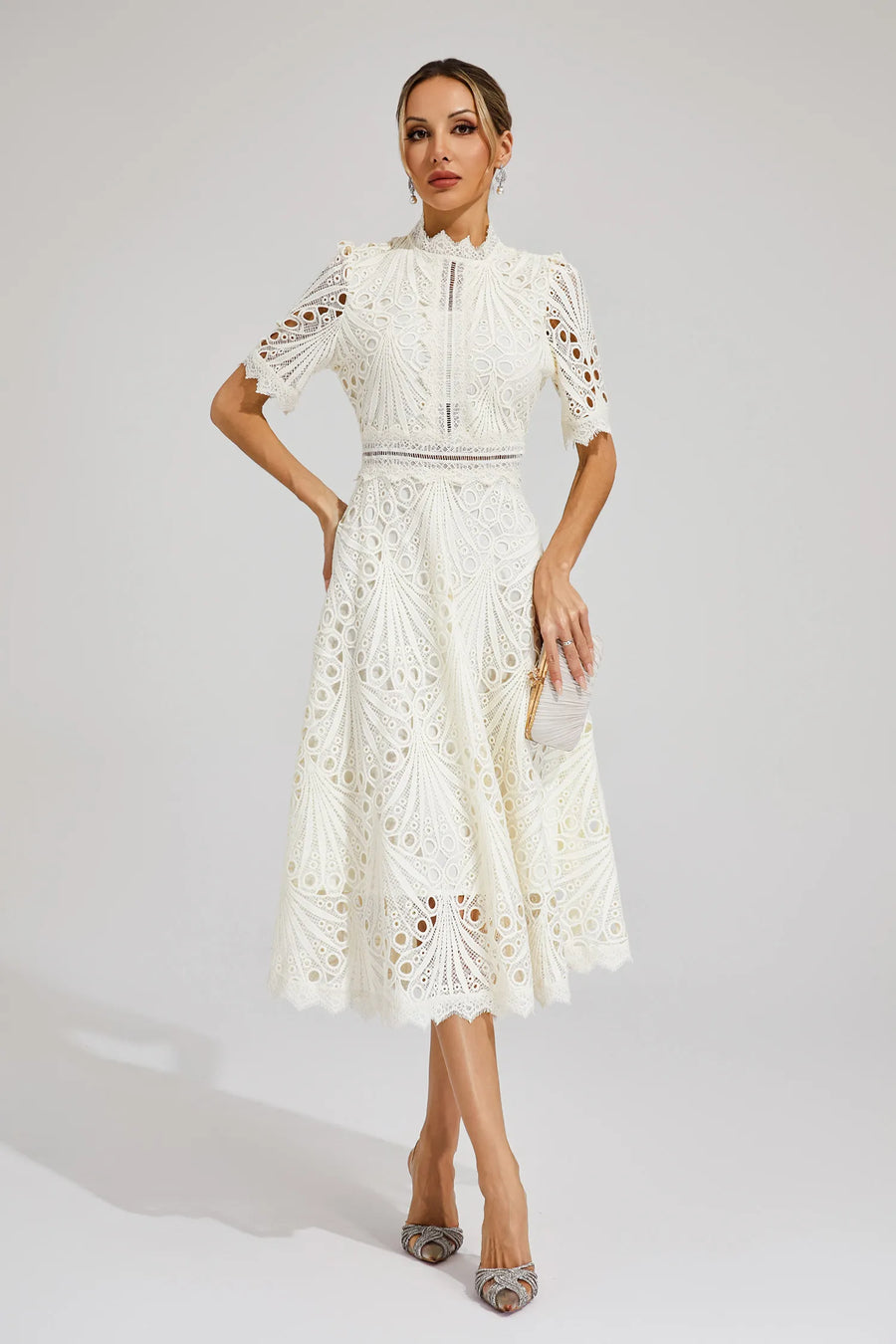 Midi Dress Women | Broderie Lace High Neck & A-Line Occasion Design