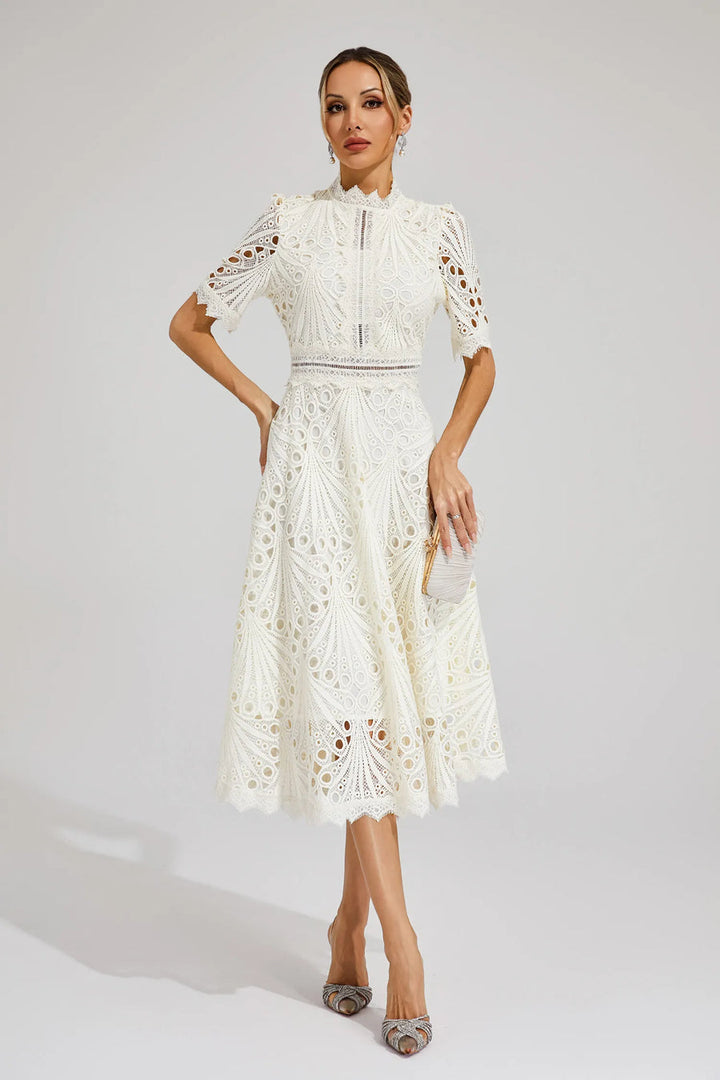 Midi Dress Women | Broderie Lace High Neck &amp; A-Line Occasion Design