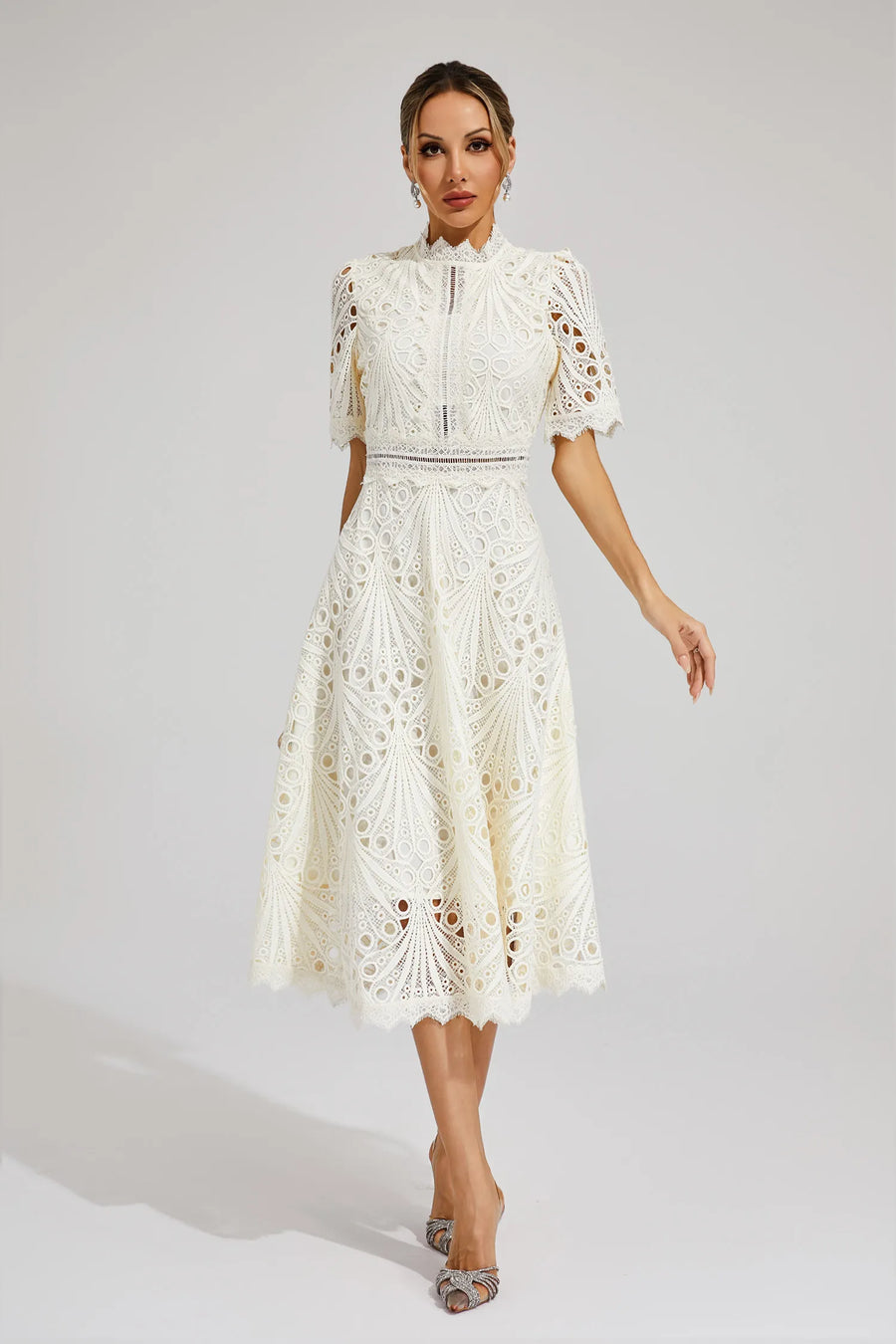 Midi Dress Women | Broderie Lace High Neck & A-Line Occasion Design