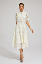 Midi Dress Women | Broderie Lace High Neck & A-Line Occasion Design