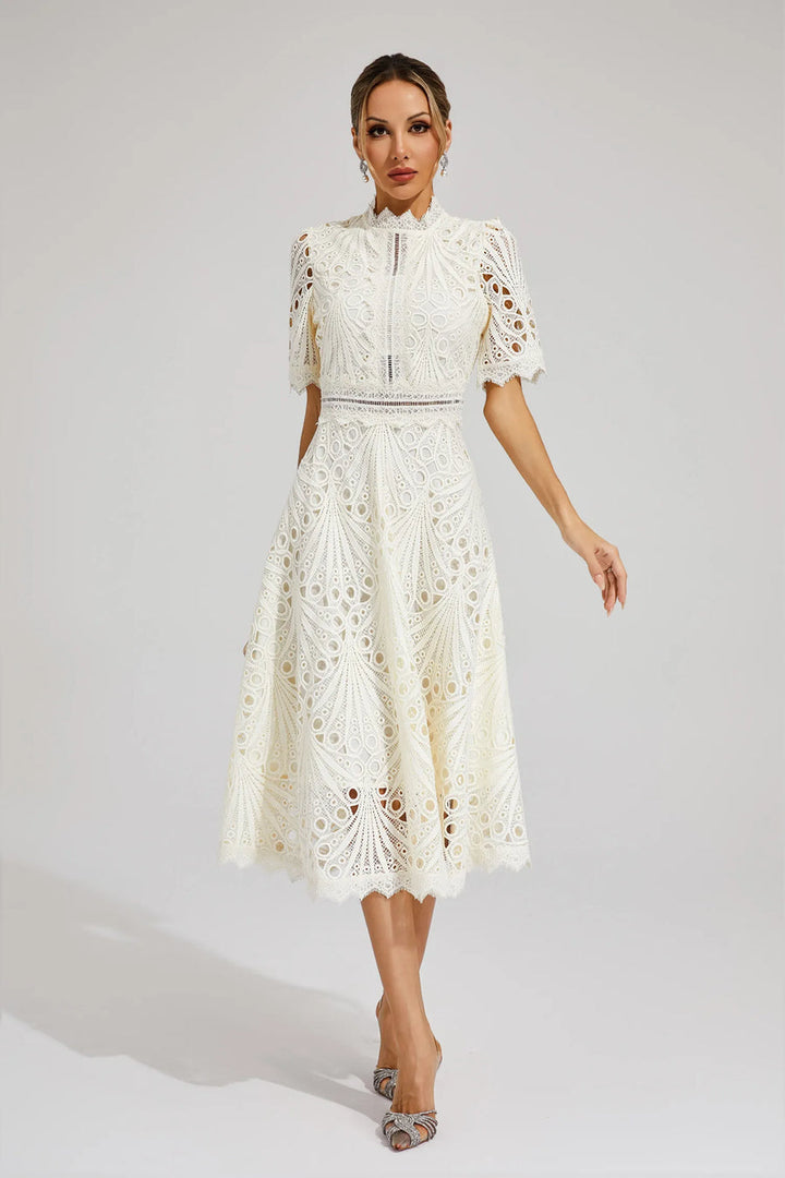 Midi Dress Women | Broderie Lace High Neck &amp; A-Line Occasion Design