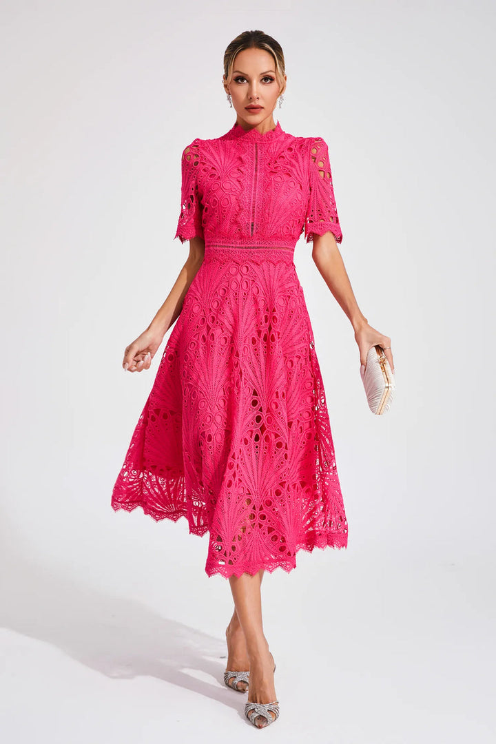 Midi Dress Women | Broderie Lace High Neck &amp; A-Line Occasion Design