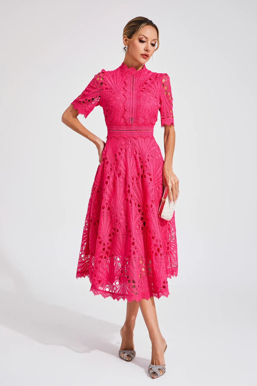 Midi Dress Women | Broderie Lace High Neck & A-Line Occasion Design