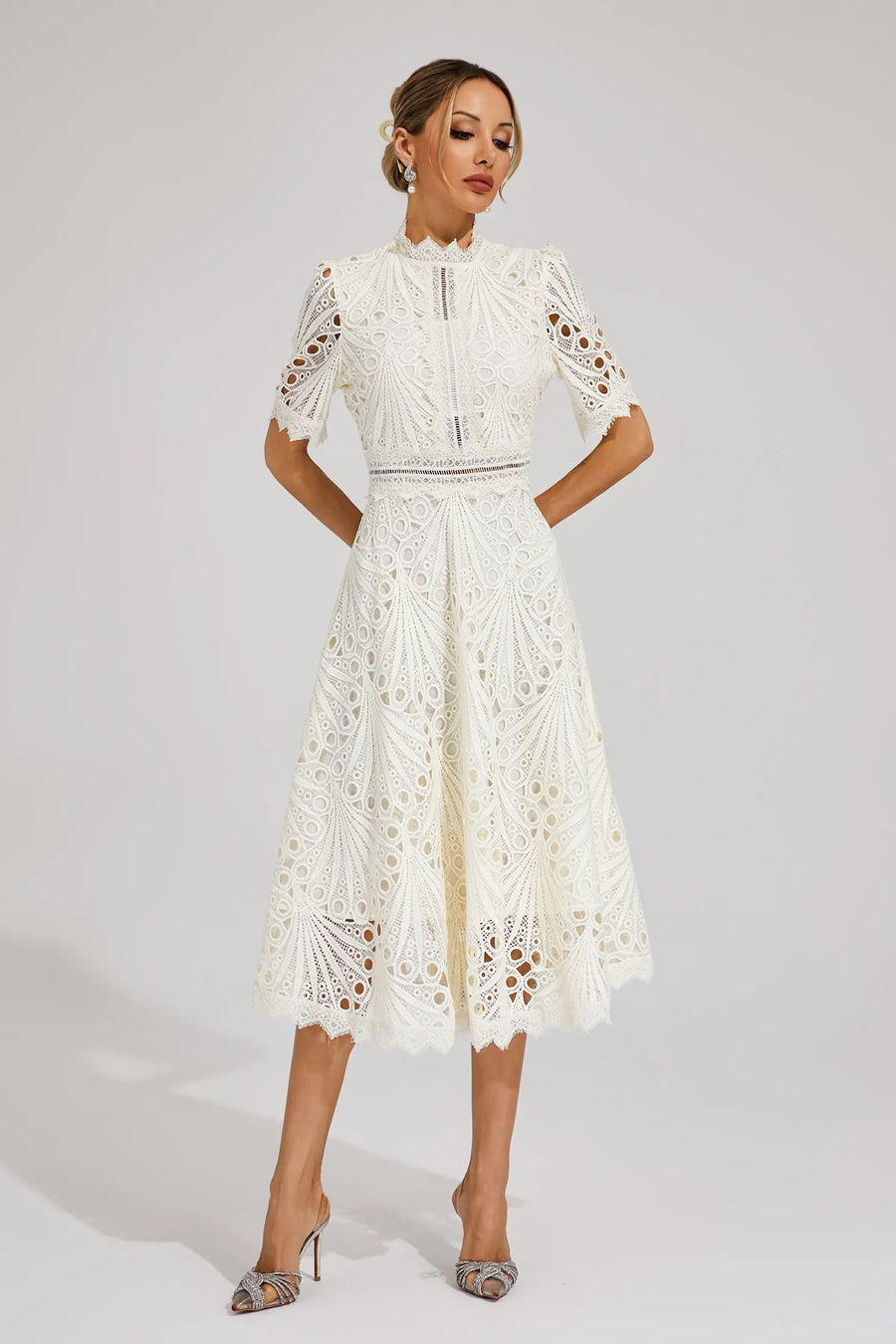 Midi Dress Women | Broderie Lace High Neck & A-Line Occasion Design