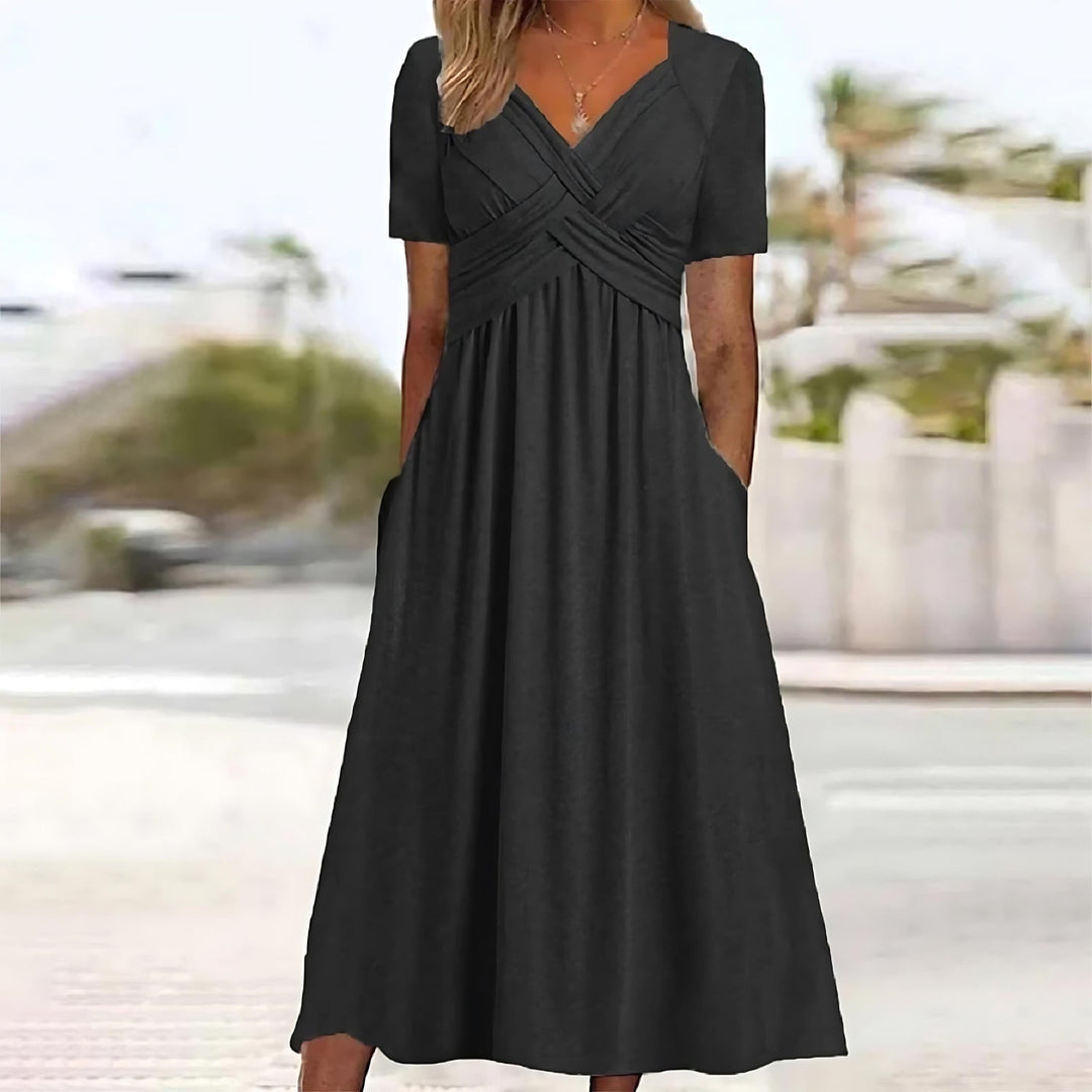 Midi Dress Women | Crossover V-Neck &amp; Ruched Waist Flared Design