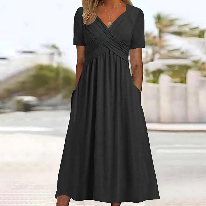 Midi Dress Women | Crossover V-Neck &amp; Ruched Waist Flared Design