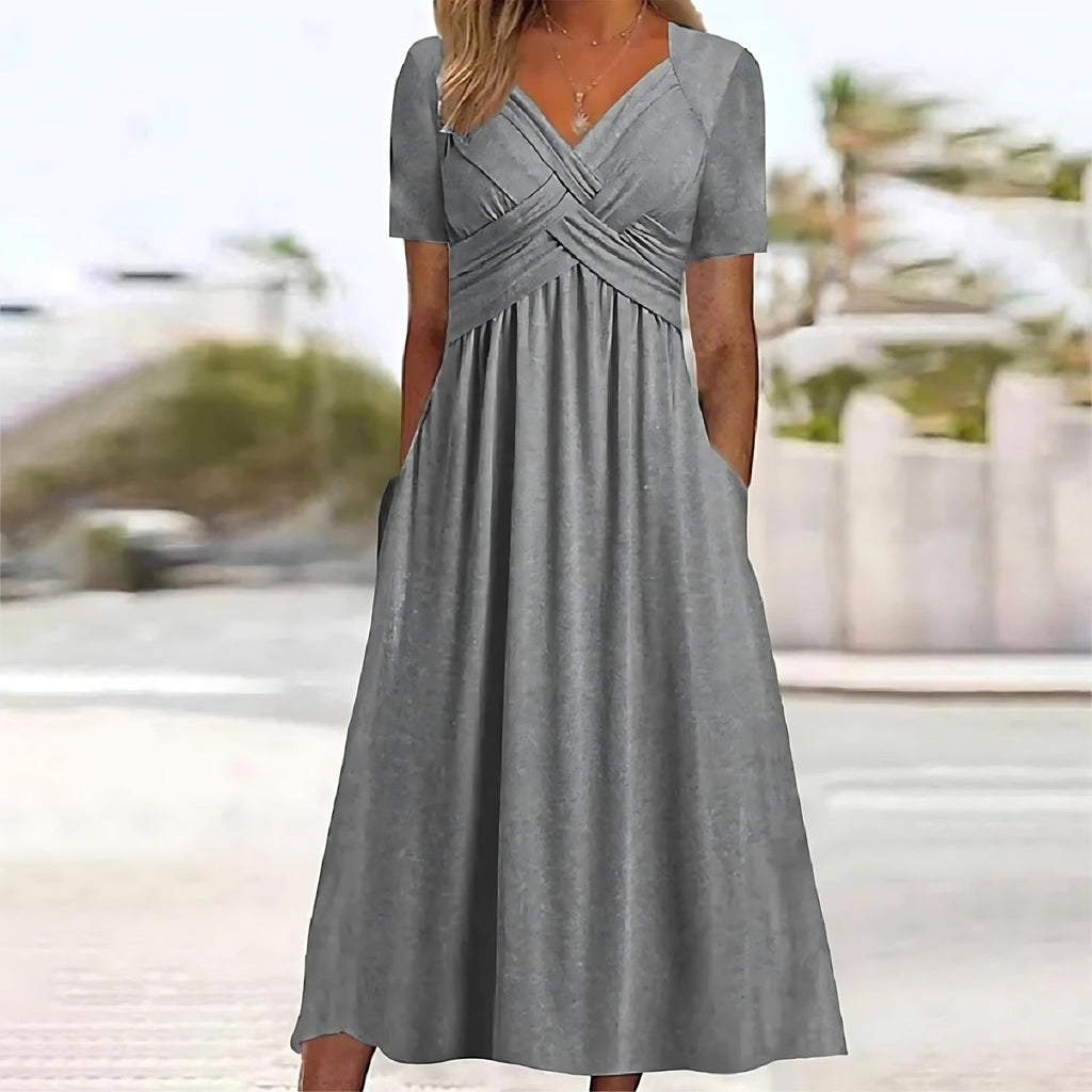 Midi Dress Women | Crossover V-Neck & Ruched Waist Flared Design