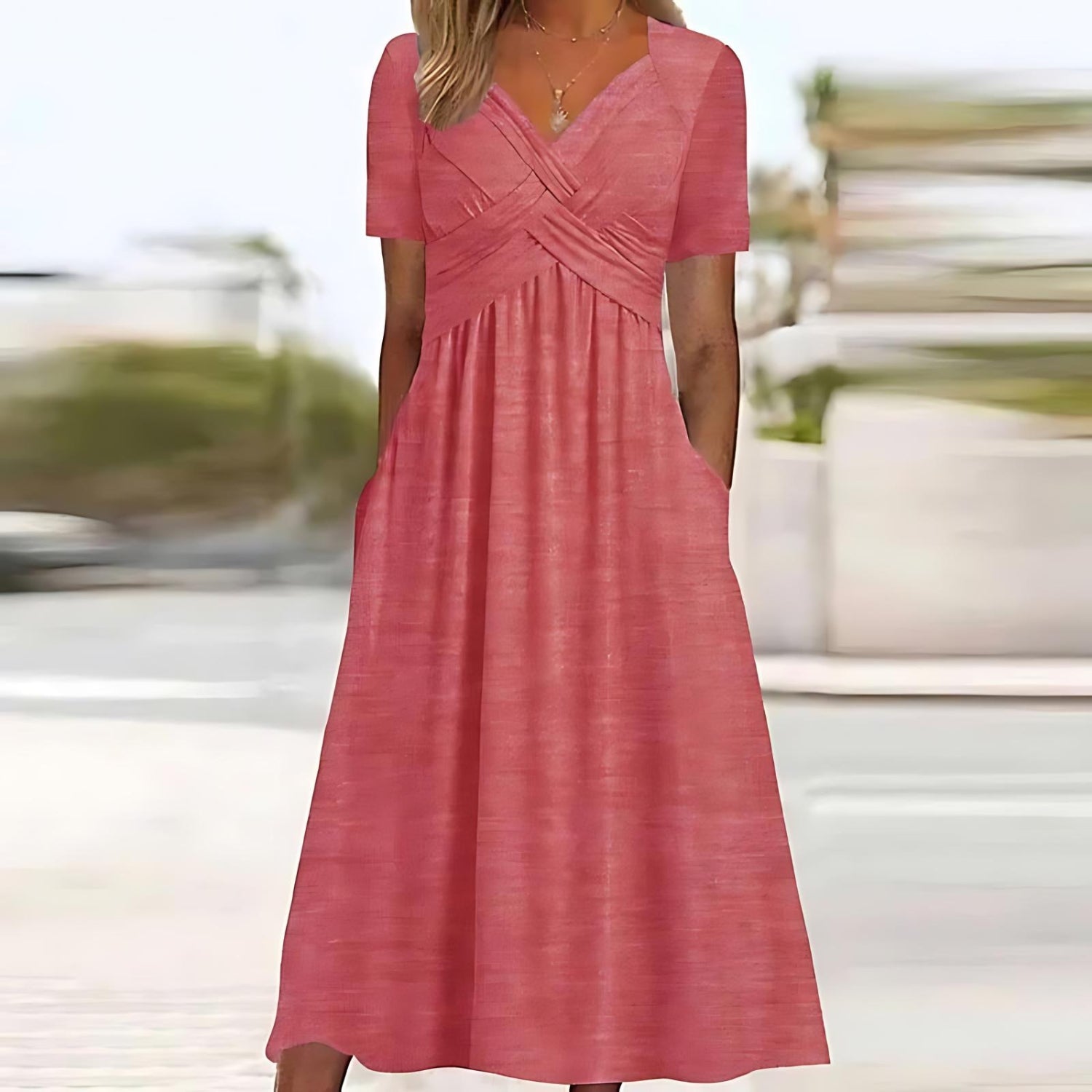 Midi Dress Women | Crossover V-Neck & Ruched Waist Flared Design