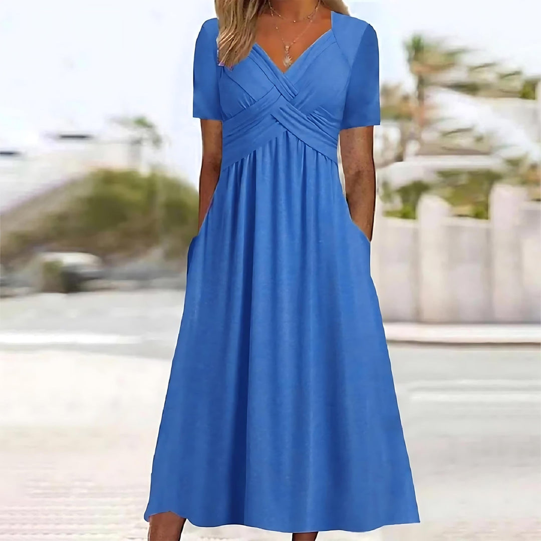 Midi Dress Women | Crossover V-Neck &amp; Ruched Waist Flared Design