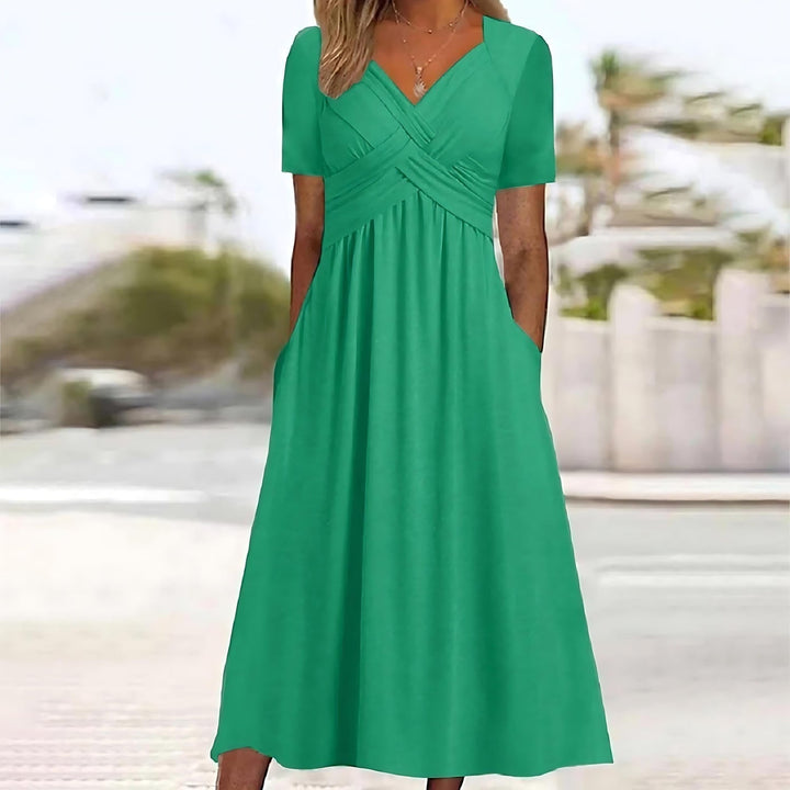Midi Dress Women | Crossover V-Neck &amp; Ruched Waist Flared Design