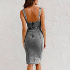 Midi Dress Women | Denim Corset Bodice & Side Split Bodycon Design