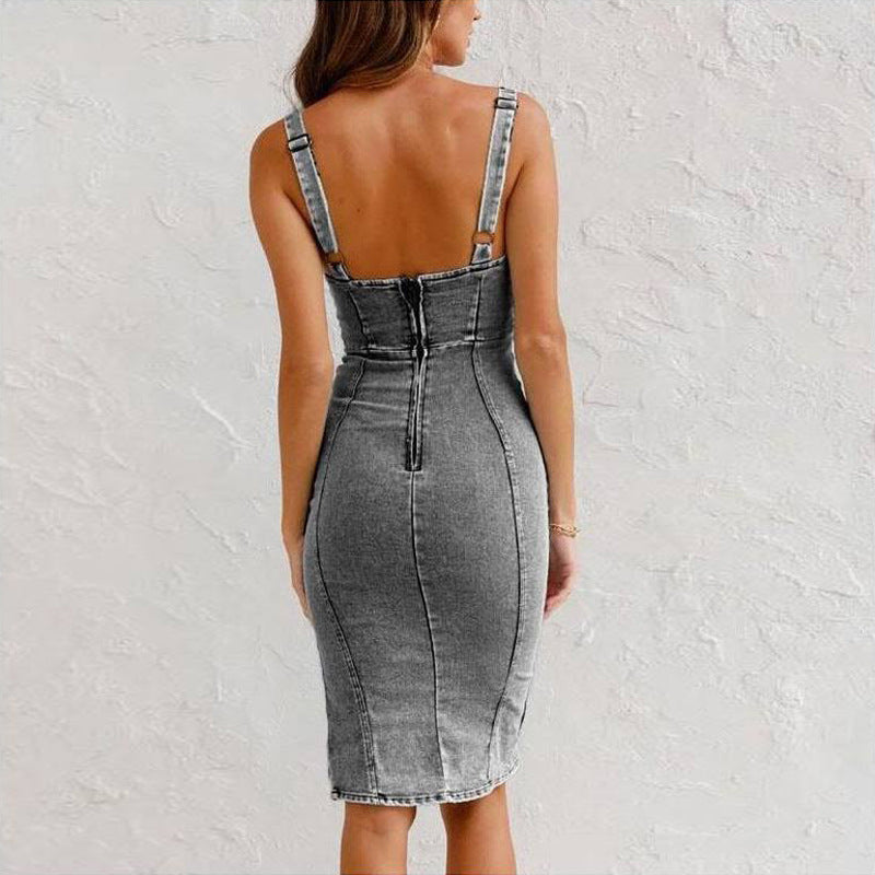 Midi Dress Women | Denim Corset Bodice & Side Split Bodycon Design