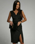 Midi Dress Women | Pleated V-Neck & Bodycon Front Split Evening Style