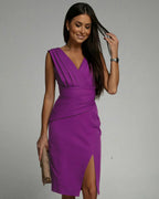 Midi Dress Women | Pleated V-Neck & Bodycon Front Split Evening Style