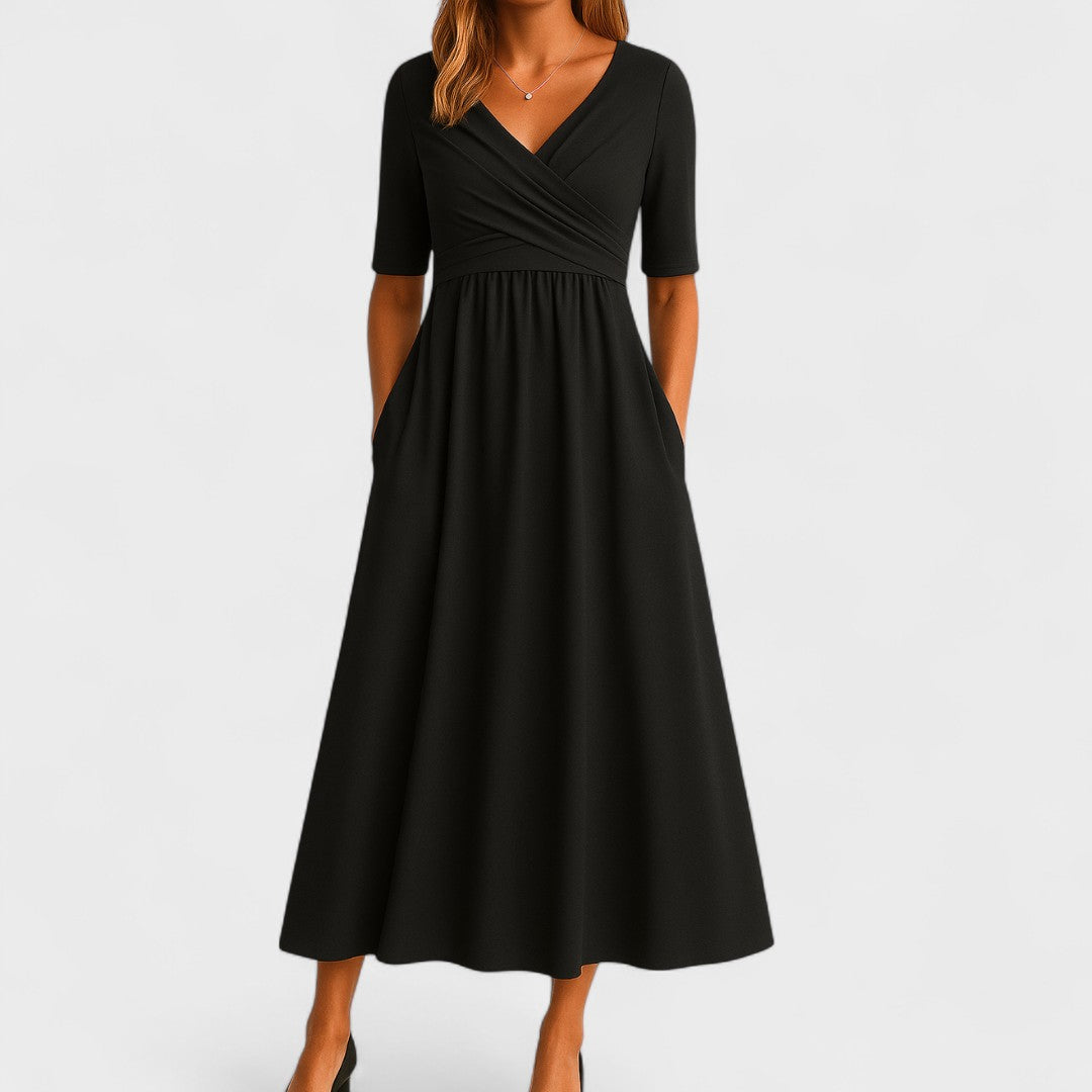 Midi Dress Women | Wrap V-Neck &amp; Ruched Waist A-Line Design