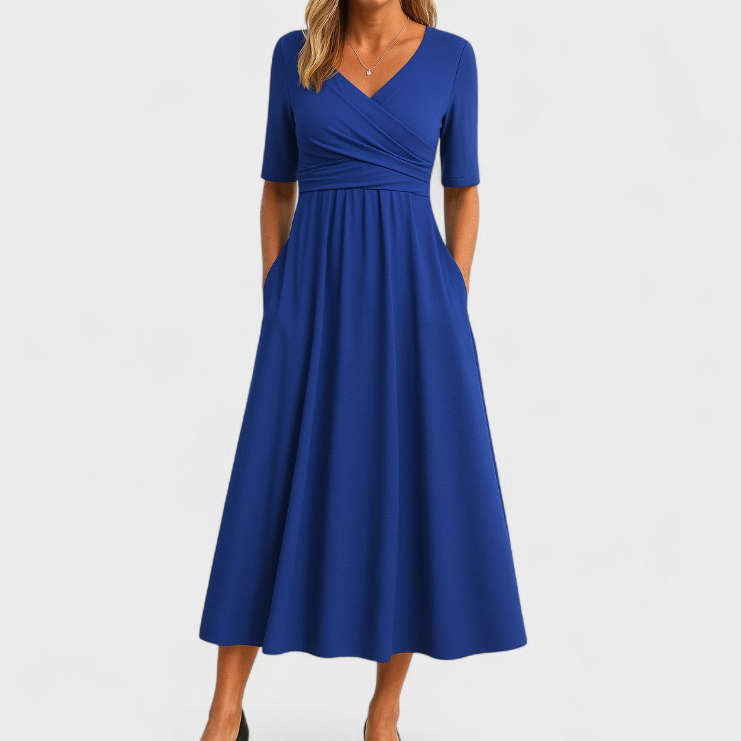 Midi Dress Women | Wrap V-Neck &amp; Ruched Waist A-Line Design