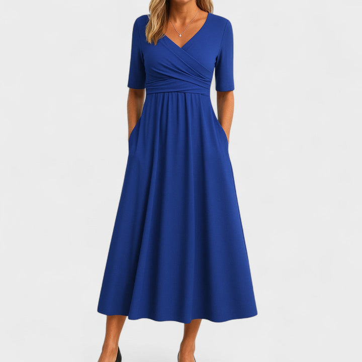 Midi Dress Women | Wrap V-Neck &amp; Ruched Waist A-Line Design
