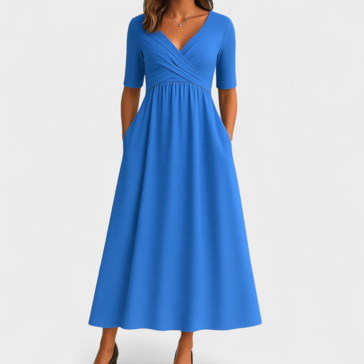 Midi Dress Women | Wrap V-Neck &amp; Ruched Waist A-Line Design