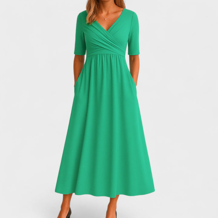 Midi Dress Women | Wrap V-Neck &amp; Ruched Waist A-Line Design