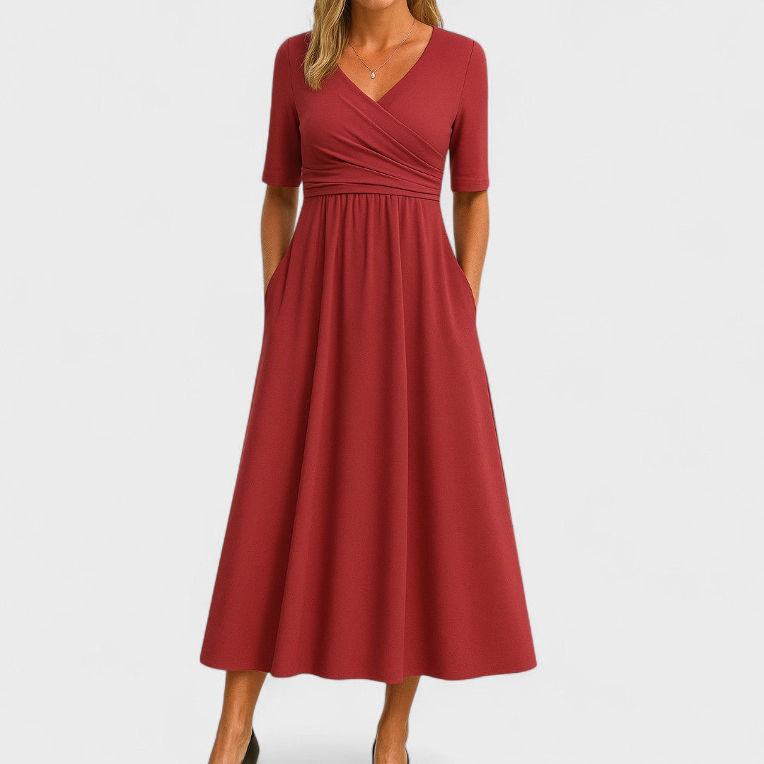 Midi Dress Women | Wrap V-Neck &amp; Ruched Waist A-Line Design