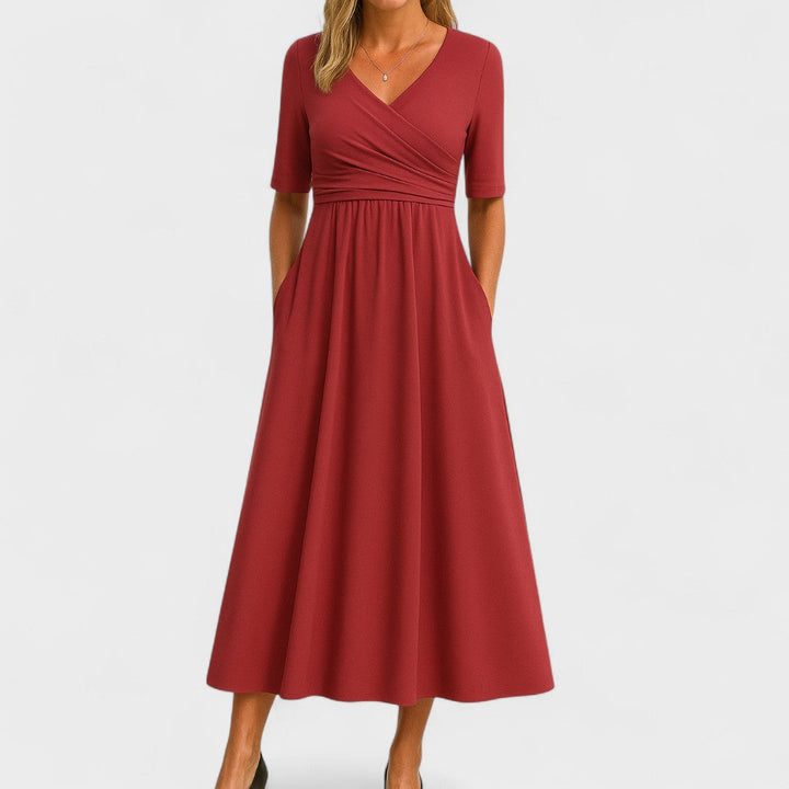 Midi Dress Women | Wrap V-Neck &amp; Ruched Waist A-Line Design