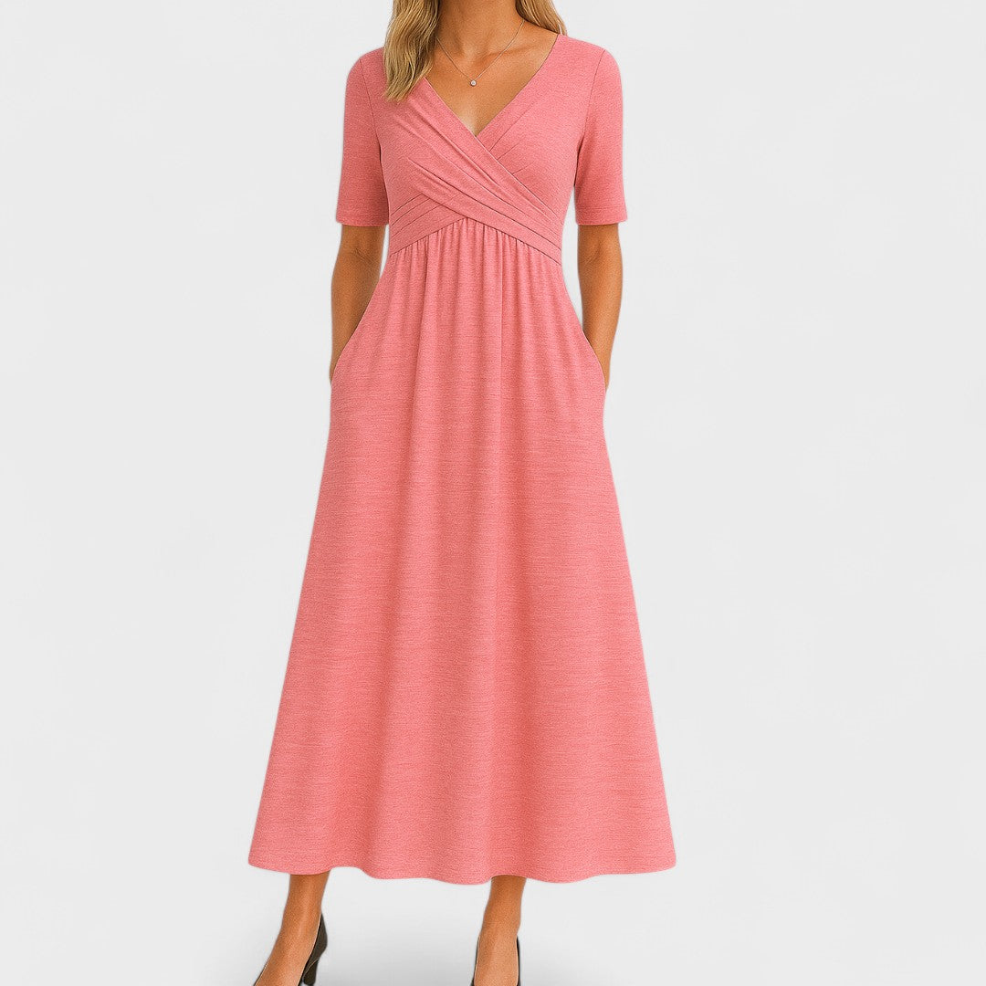 Midi Dress Women | Wrap V-Neck &amp; Ruched Waist A-Line Design