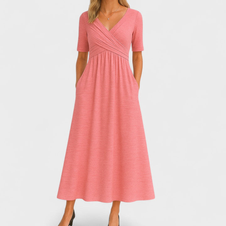 Midi Dress Women | Wrap V-Neck &amp; Ruched Waist A-Line Design