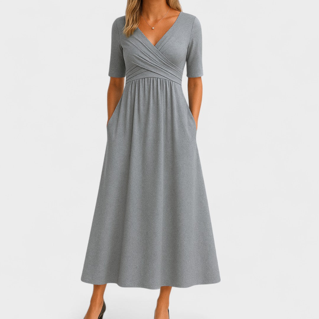 Midi Dress Women | Wrap V-Neck & Ruched Waist A-Line Design