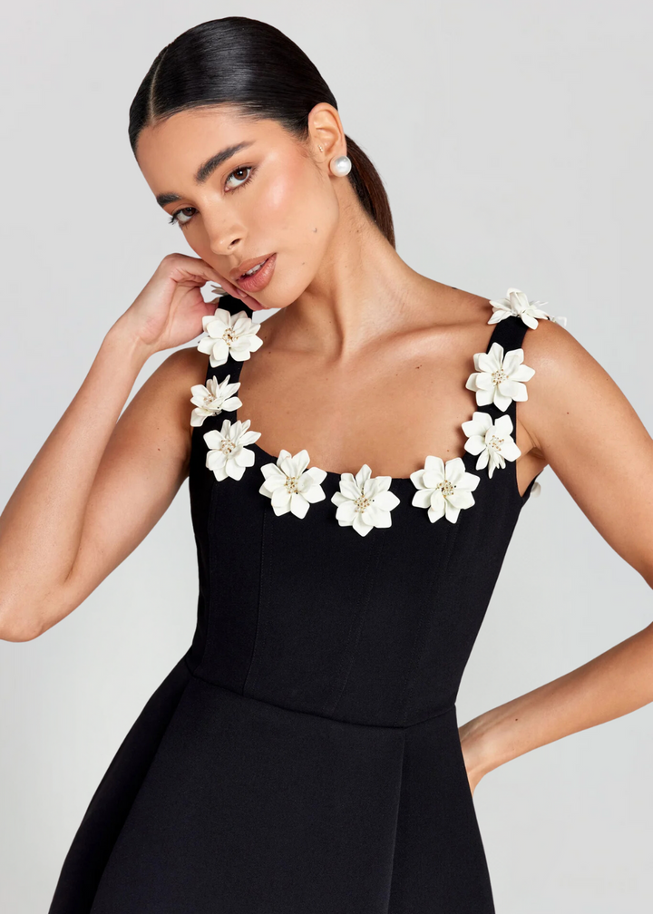 Mini Dress Women | 3D Floral Appliqué &amp; Structured Elegant Design