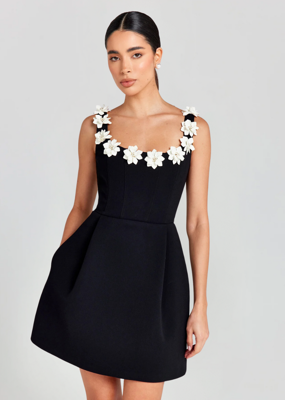 Mini Dress Women | 3D Floral Appliqué & Structured Elegant Design