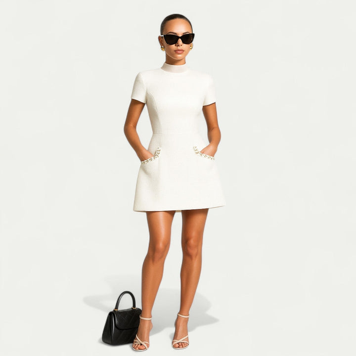 Mini Dress Women | Pearl Trim Collar &amp; Tweed A-Line Design