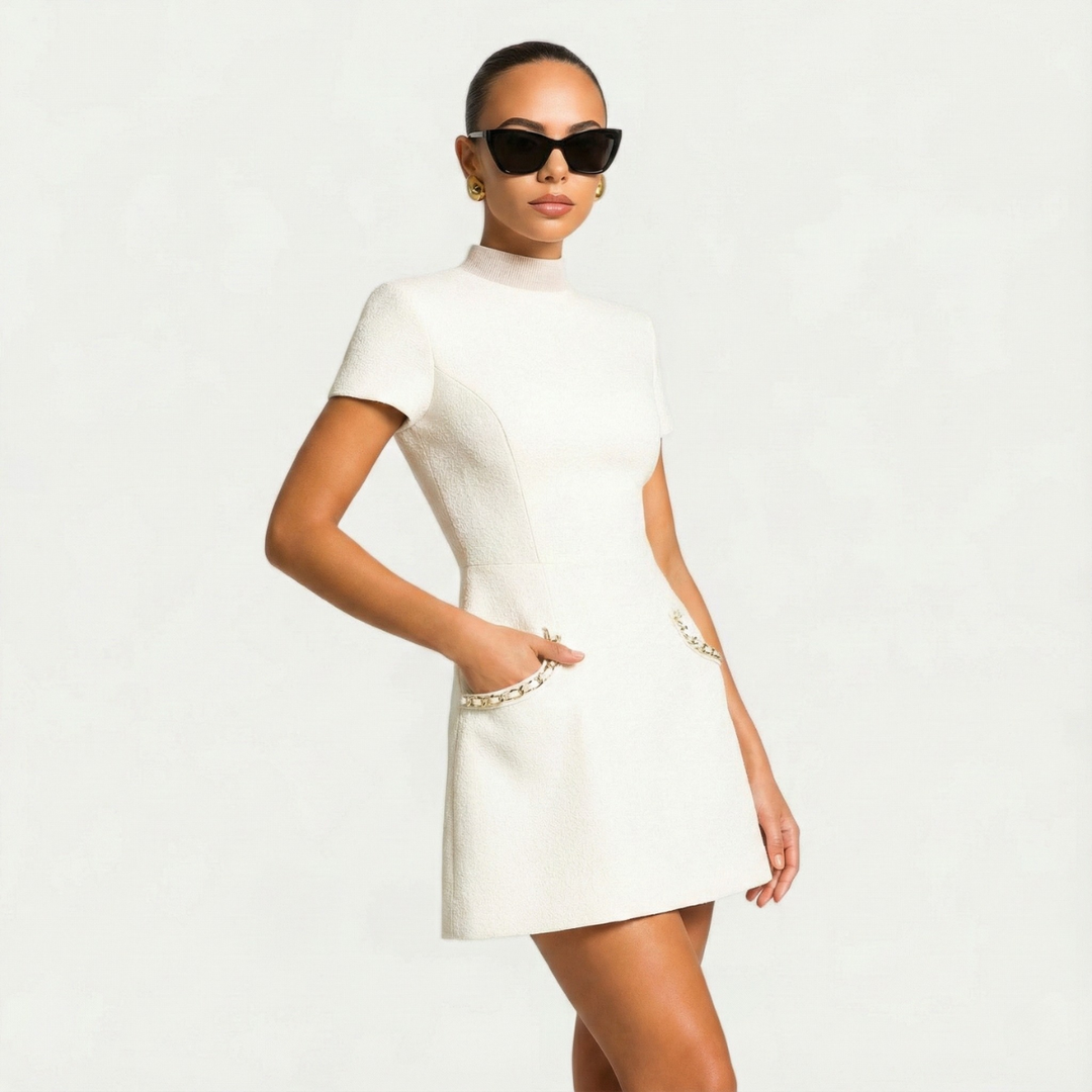 Mini Dress Women | Pearl Trim Collar &amp; Tweed A-Line Design