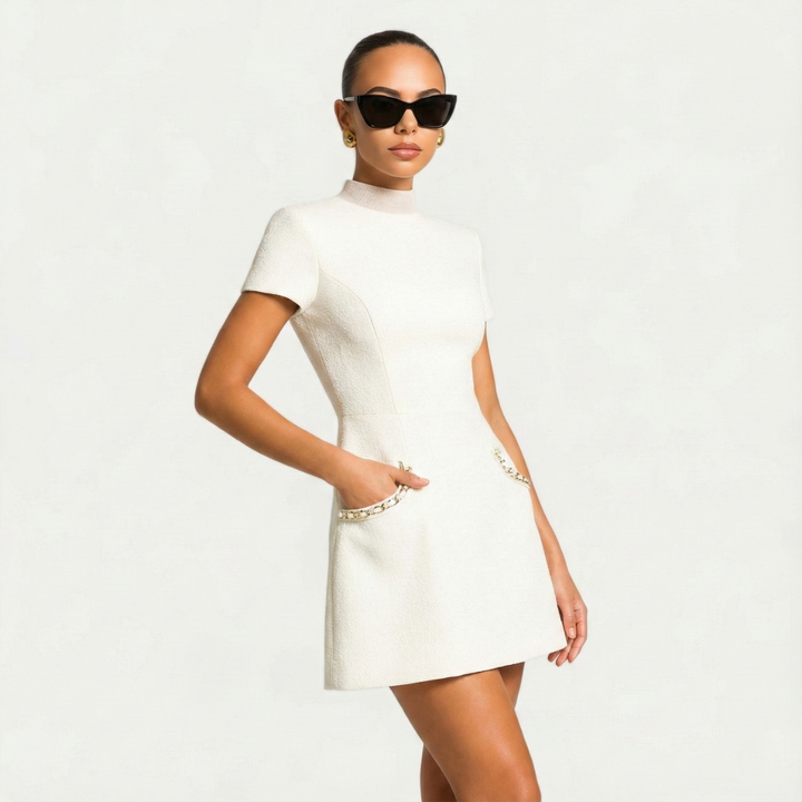 Mini Dress Women | Pearl Trim Collar &amp; Tweed A-Line Design