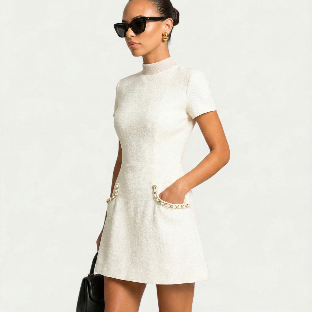 Mini Dress Women | Pearl Trim Collar &amp; Tweed A-Line Design