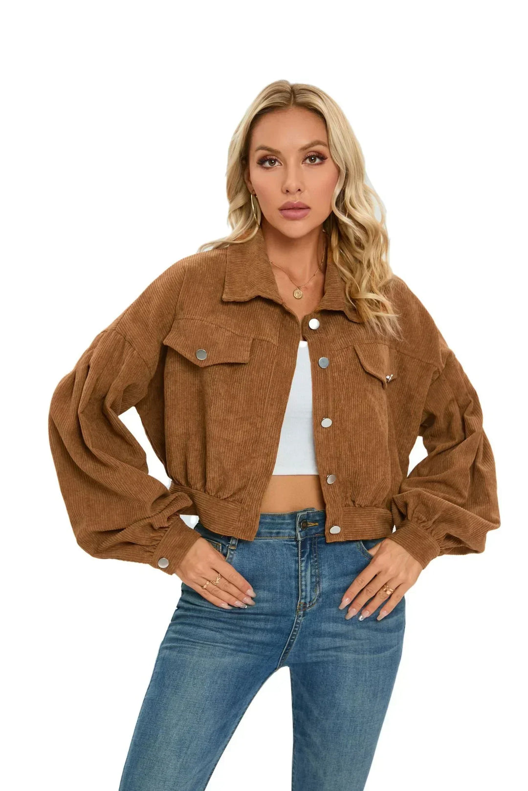 Couture-moda | Veste courte surdimensionnée pour femmes - velours côtelé avec manches ballon - Image 8
