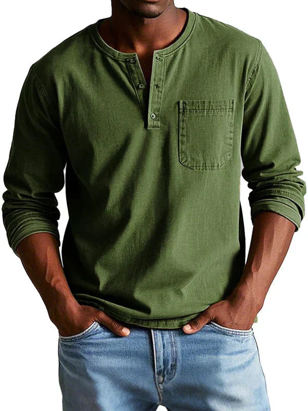 Shirt Men | Long Sleeve Henley &amp; Chest Pocket Casual Design