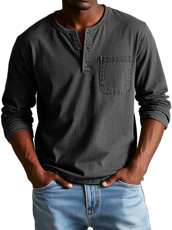 Shirt Men | Long Sleeve Henley &amp; Chest Pocket Casual Design