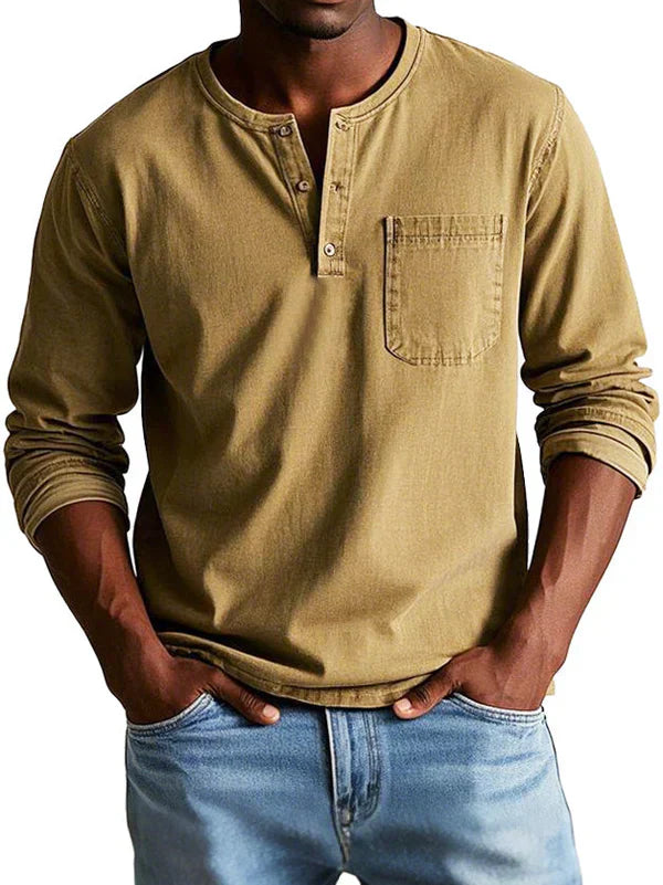 Shirt Men | Long Sleeve Henley &amp; Chest Pocket Casual Design