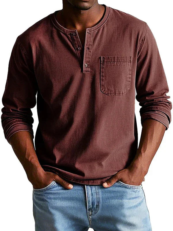 Shirt Men | Long Sleeve Henley &amp; Chest Pocket Casual Design