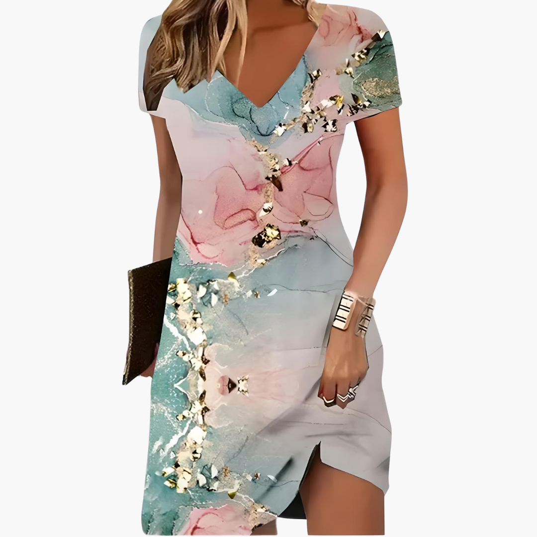 Short Dress Women's | V-Neck & Marble Print