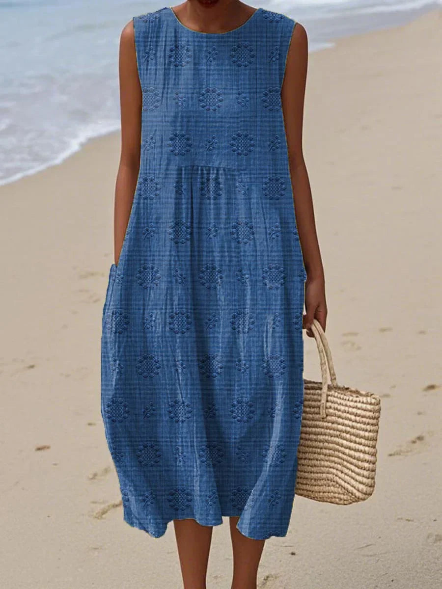 Sleeveless Midi Dress Women | Textured Embroidered Dot &amp; Pocket Design