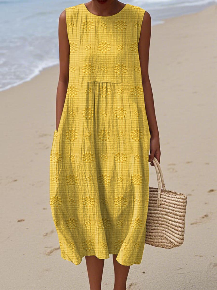 Sleeveless Midi Dress Women | Textured Embroidered Dot & Pocket Design