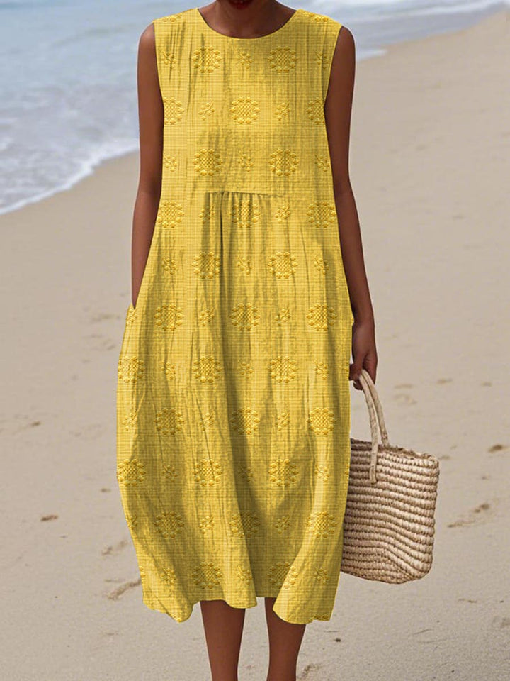 Sleeveless Midi Dress Women | Textured Embroidered Dot &amp; Pocket Design