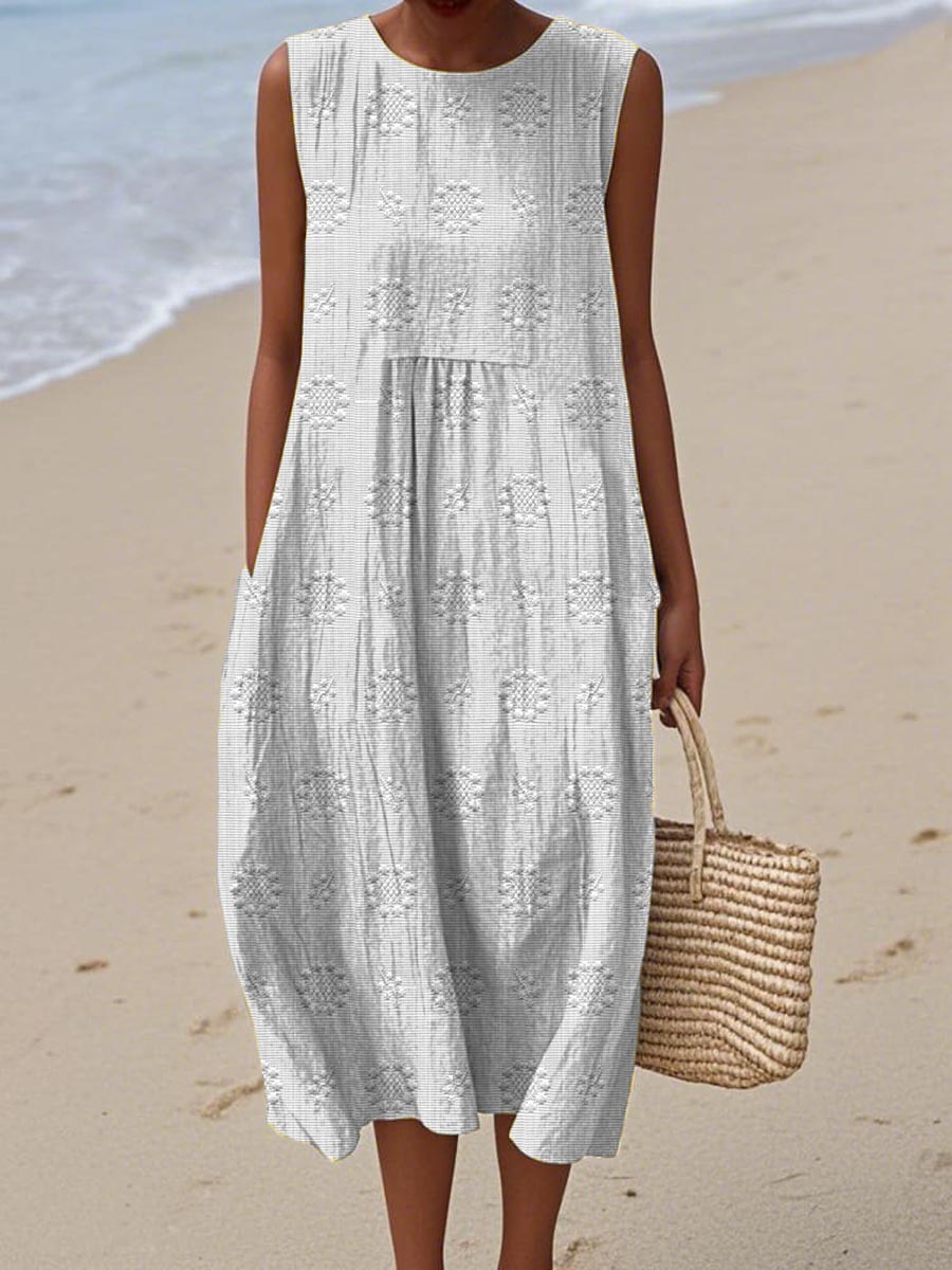 Sleeveless Midi Dress Women | Textured Embroidered Dot &amp; Pocket Design