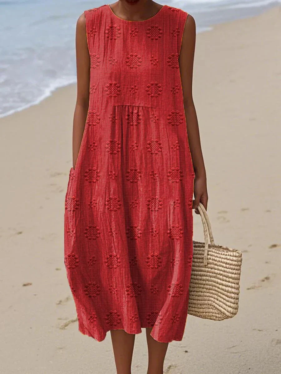 Sleeveless Midi Dress Women | Textured Embroidered Dot &amp; Pocket Design