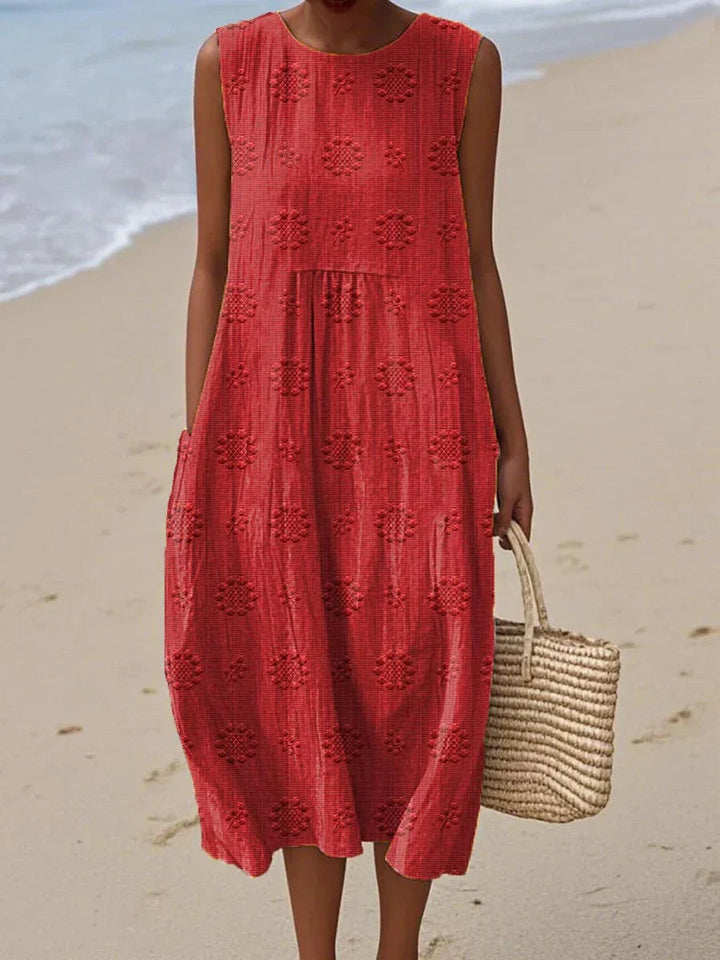 Sleeveless Midi Dress Women | Textured Embroidered Dot &amp; Pocket Design