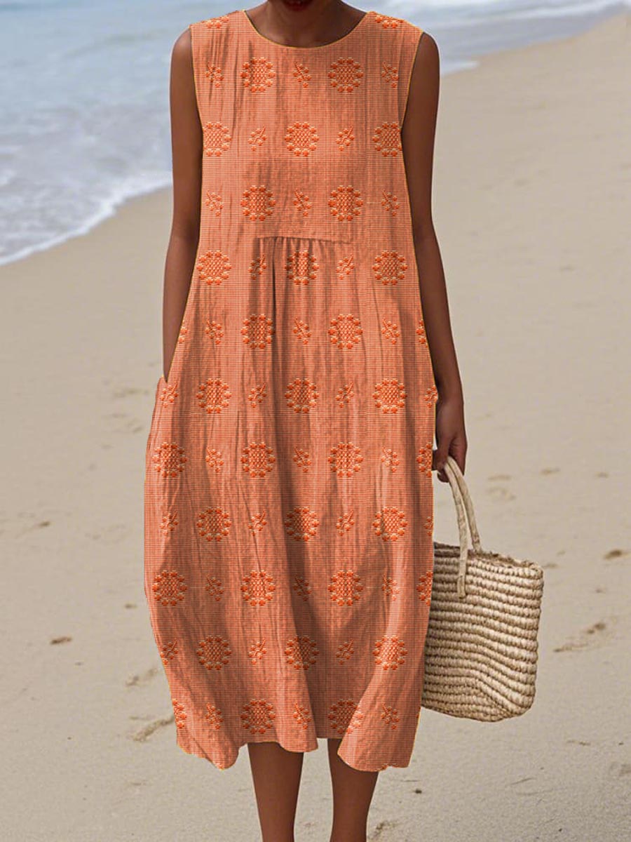 Sleeveless Midi Dress Women | Textured Embroidered Dot &amp; Pocket Design
