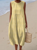 Sleeveless Midi Dress Women | Textured Embroidered Dot & Pocket Design
