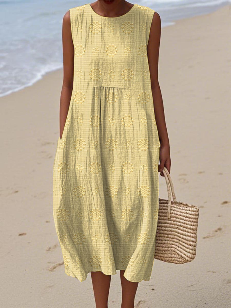 Sleeveless Midi Dress Women | Textured Embroidered Dot & Pocket Design